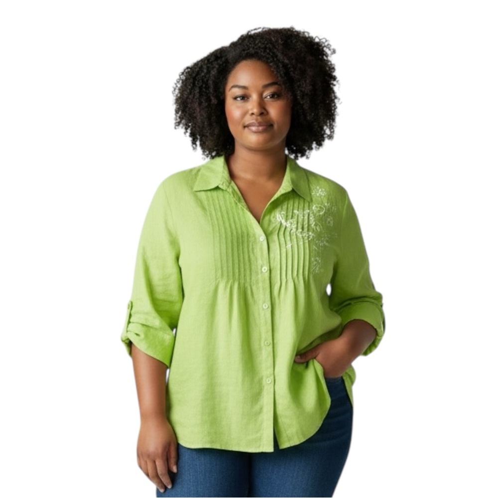 CARROLL REED Woman 100% Linen Lime Button-Down Shirt Size 1X - Picture 2 of 13